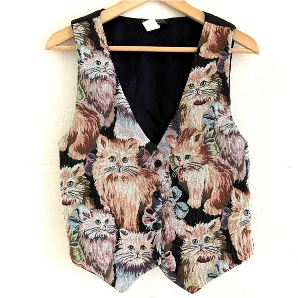 Vintage Cat Tapestry Vest Grannycore Crazy Cat Lady Kittens Button Size Large - Picture 1 of 9